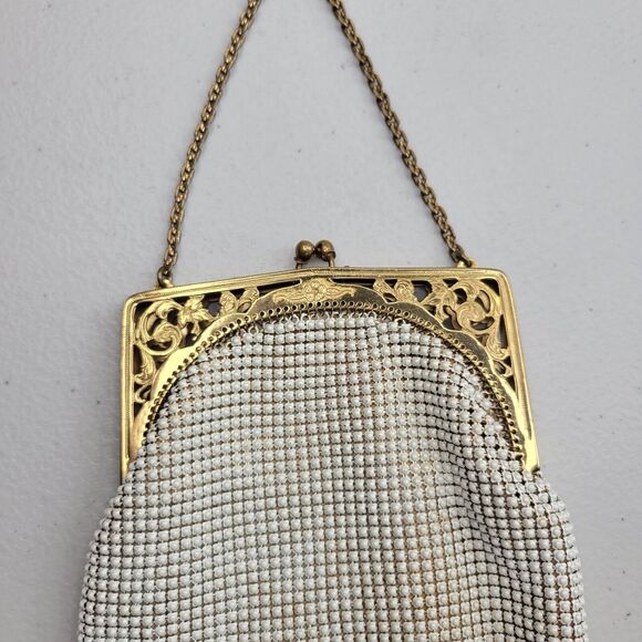 Whiting & Davis White Enameled Mesh Bag Vintage 50's Gold Metal Frame Chain USA - Picture 14 of 16